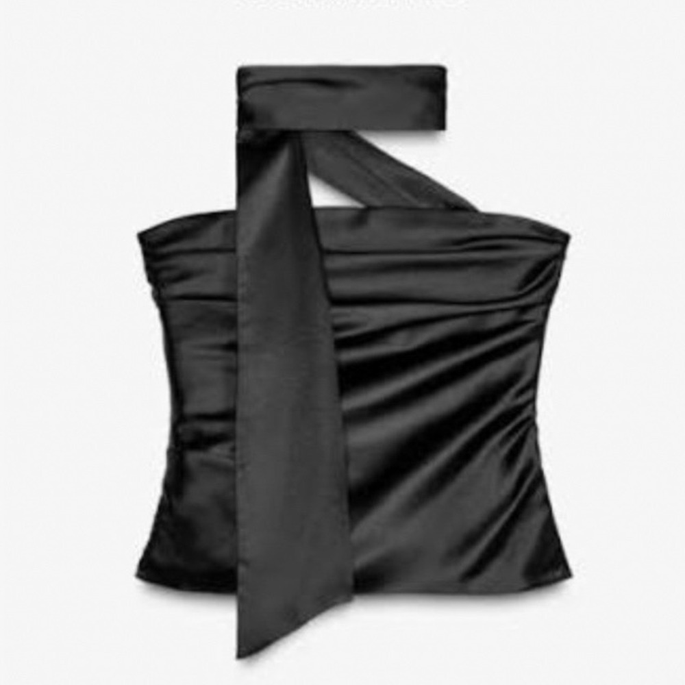 Zara Black Satin XL NWT Draped Scarf Tube Top Ruched Strapless Blouse Evening